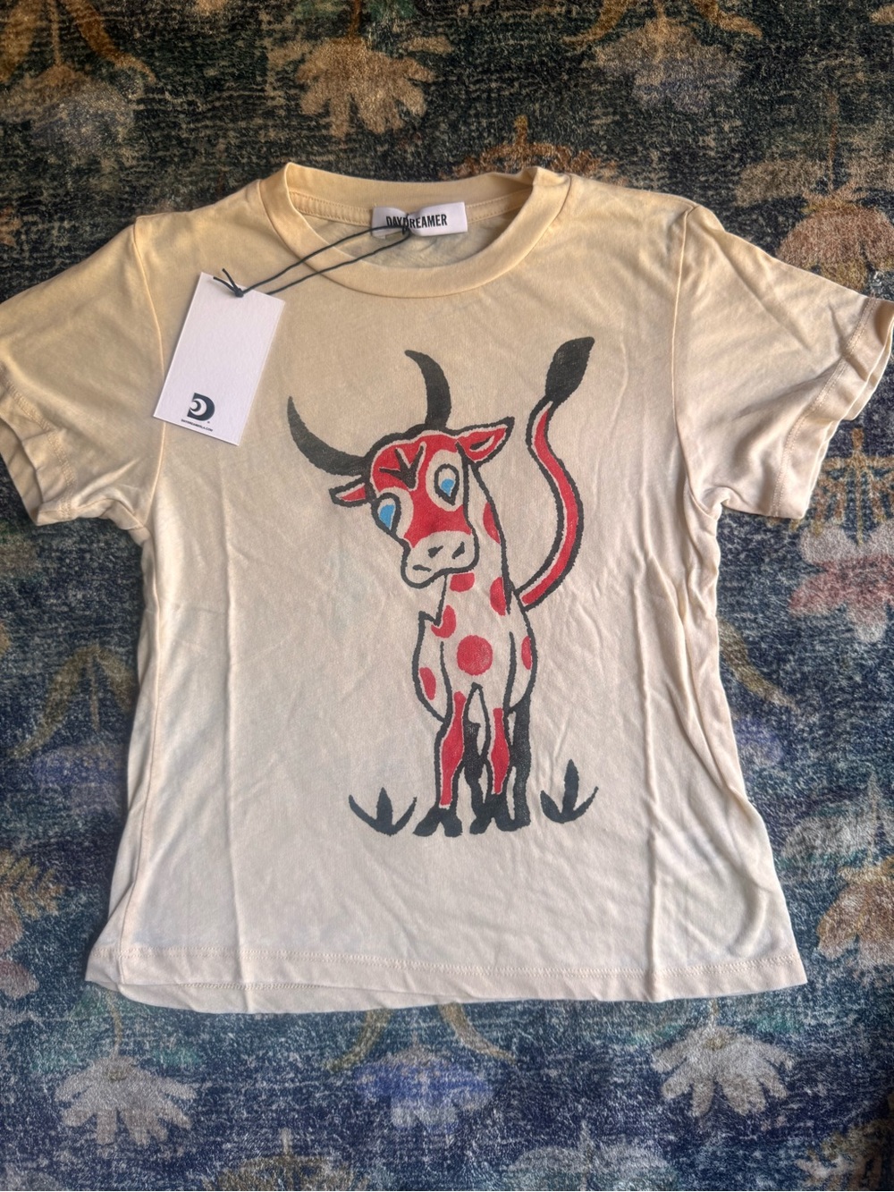Daydreamer Bull Butterfly Graphic Short Sleeve Tee with Red Accents